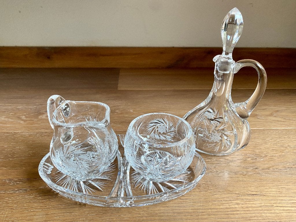 Roomstel en karaf van Boheems kristalglas - pinwheel en ster, Ophalen of Verzenden