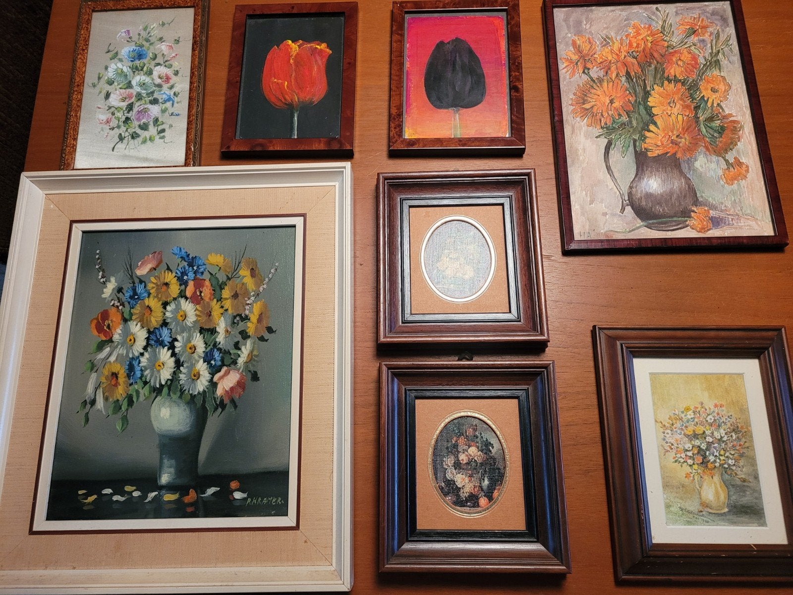 Echt schilderijtje olieverf aquarel bloemen tulp gesigneerd, Ophalen of Verzenden, Klassiek, Olieverf