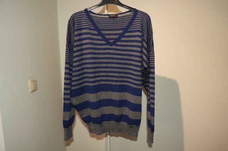 Paul & Shark wollen trui blauw grijs gestreept v hals M, Gedragen, Paul & Shark, Verzenden, Maat 48/50 (M)