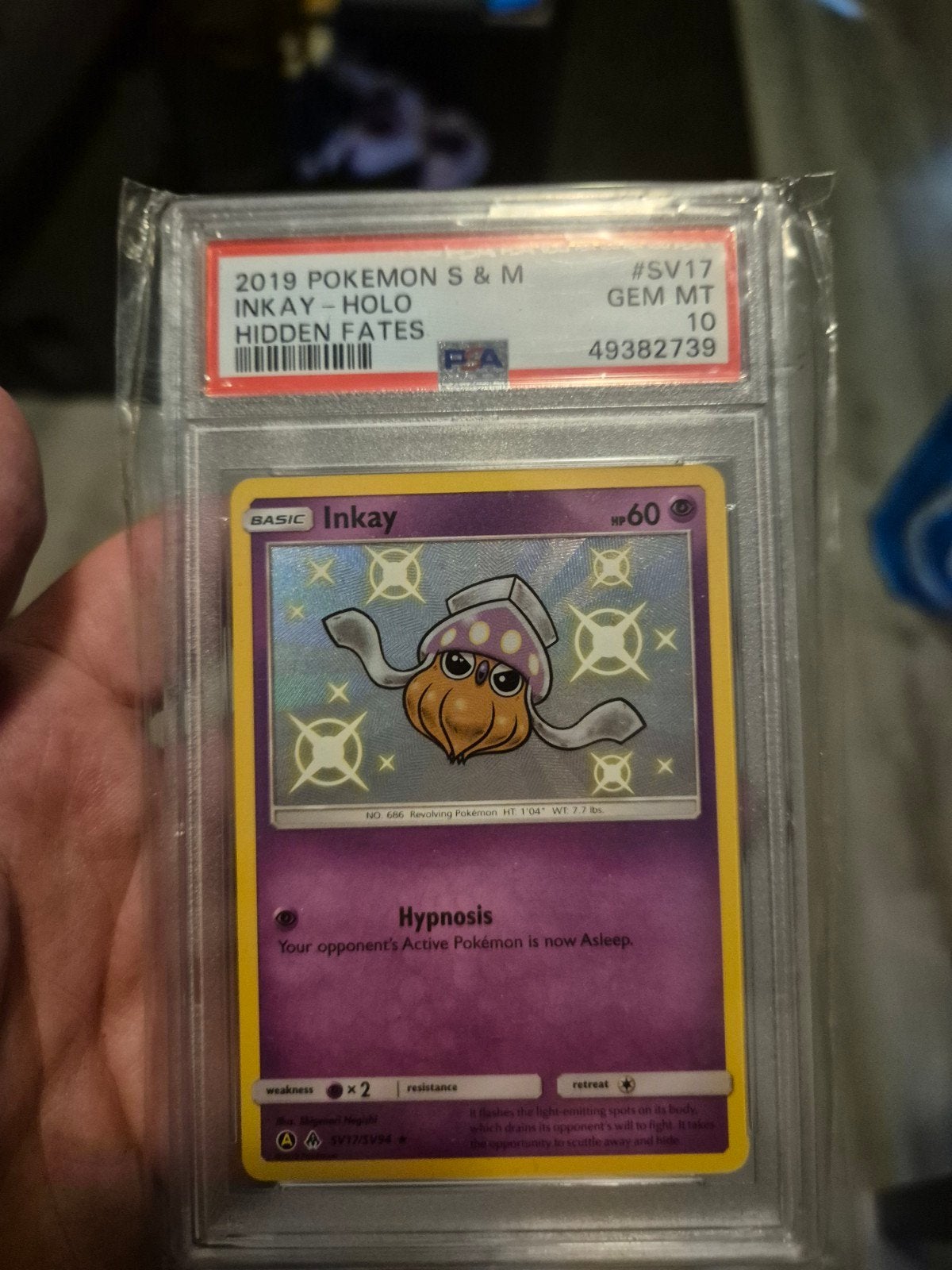 pokemon hidden fates Inkay psa 10, Ophalen of Verzenden, Zo goed als nieuw, Losse kaart