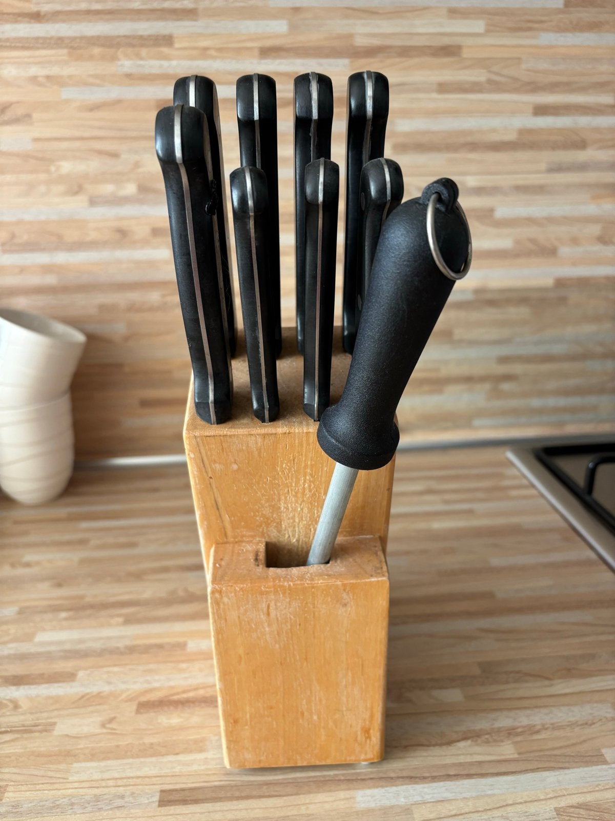 Messenset met houten blok - Gebruikt, Ophalen, Gebruikt, Los bestek, Rvs of Chroom