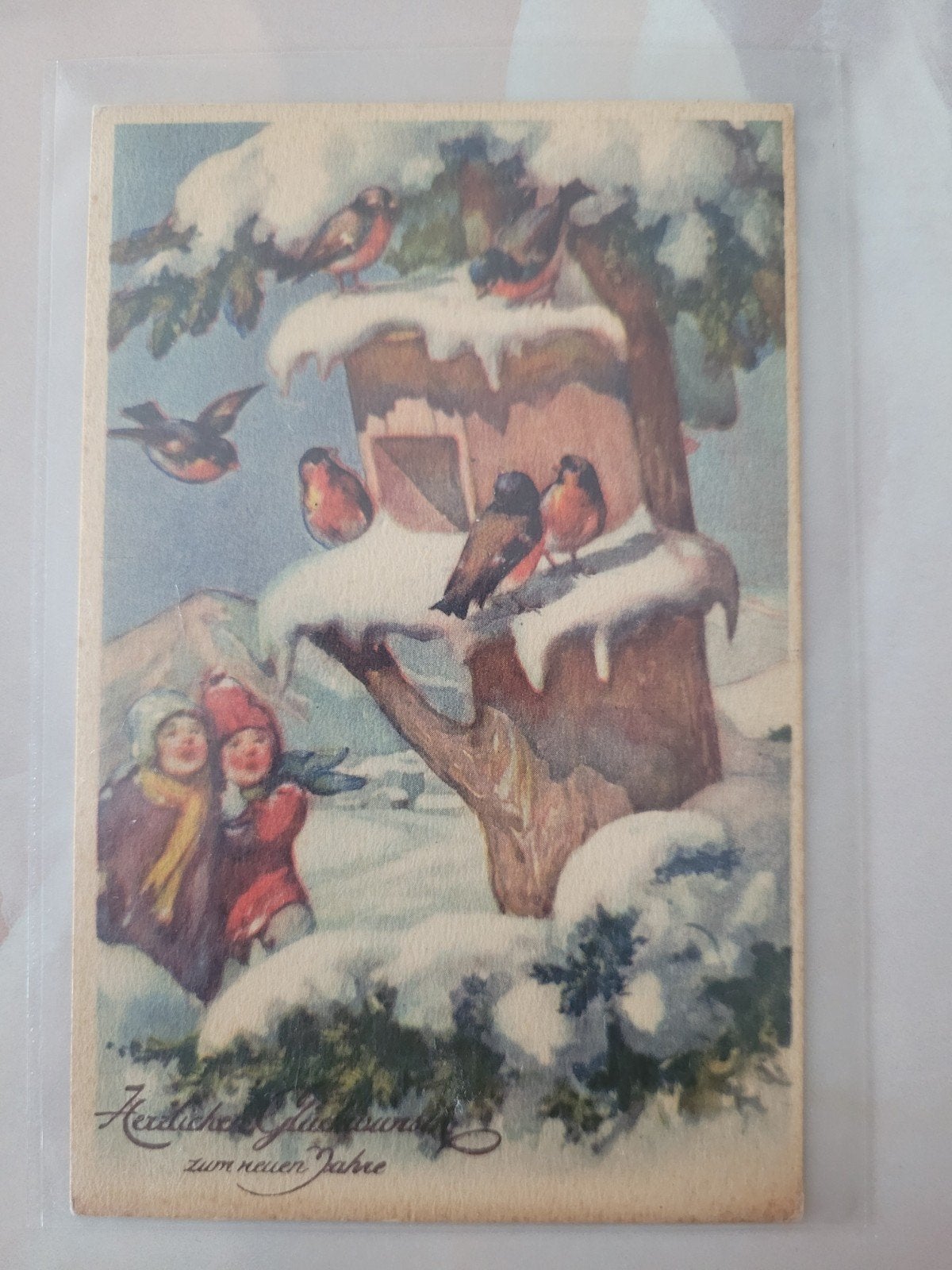 Oude kerstkaart met vogels en kinderen, gestempeld 1935, Verzamelen, Ophalen