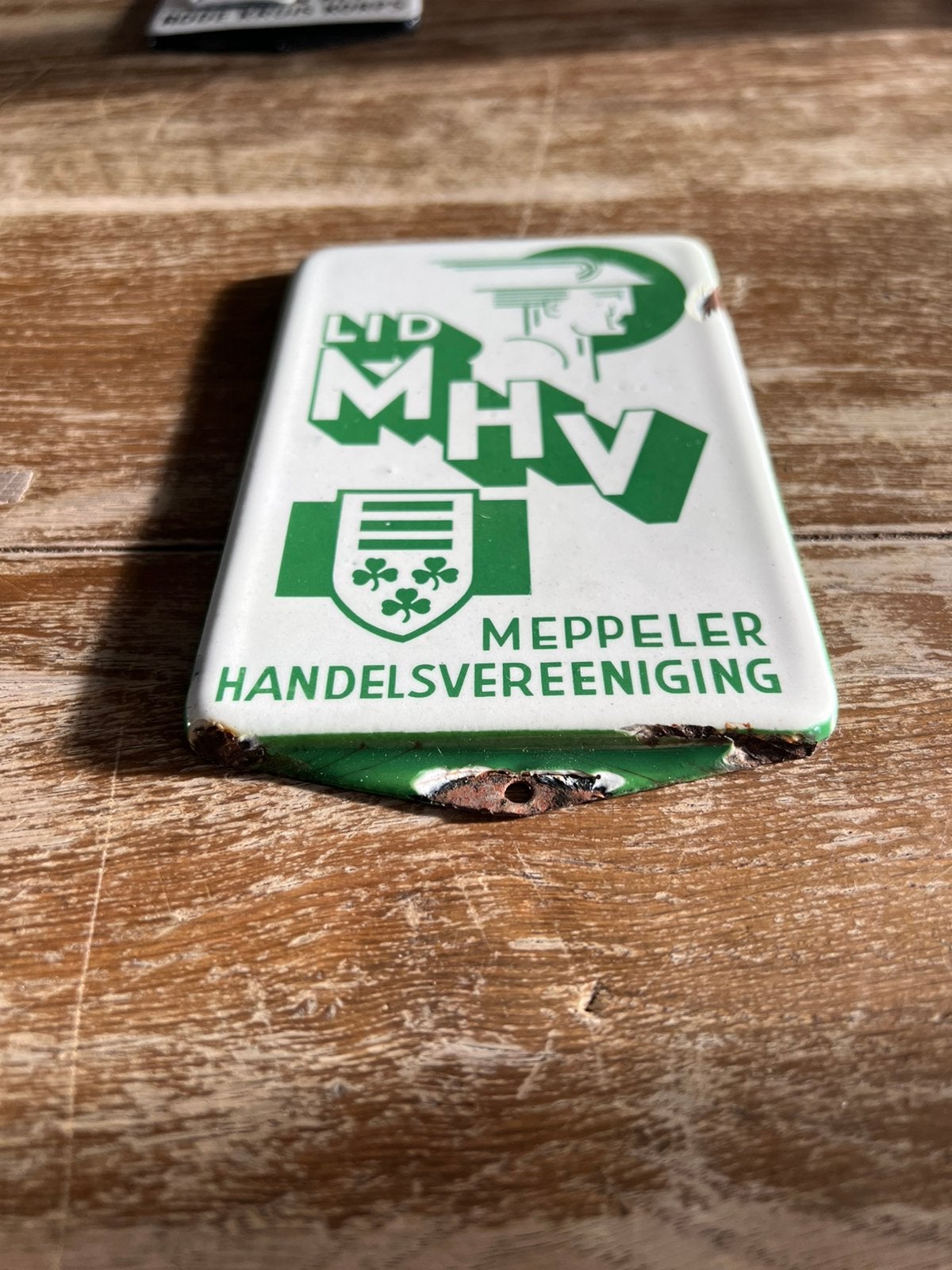 OUD EMAILLE DEURPOSTBORDJE LID MHV MEPPEL, Ophalen of Verzenden, Gebruikt