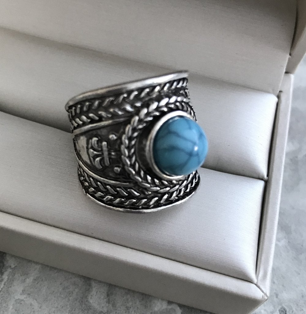 Ring Tibet zilver met Turquoise natuursteen M-19.5 -NIEUW-, Overige materialen, 19 tot 20, Nieuw, Ophalen of Verzenden