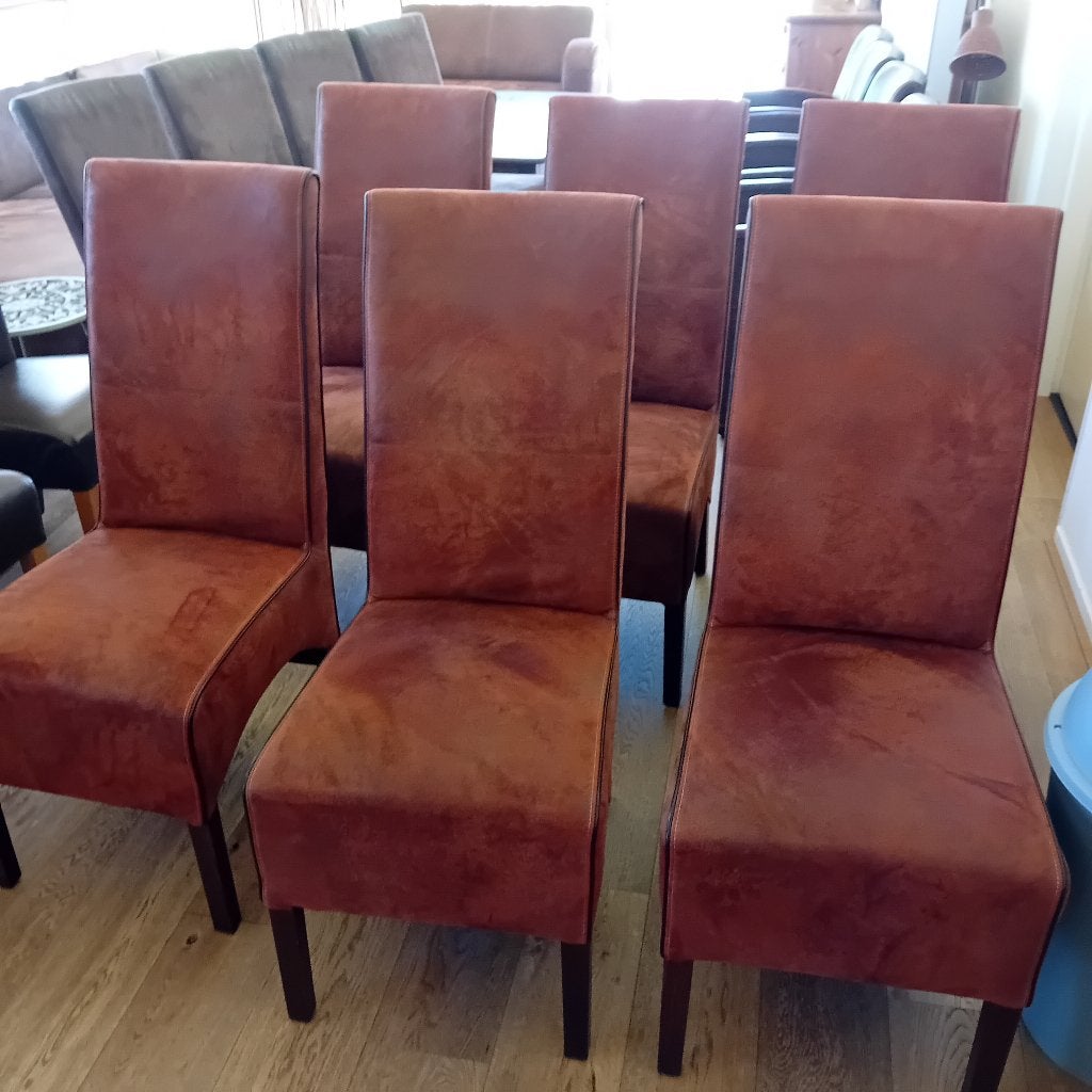 Te koop: 6 eetkamerstoelen, middenbruin, stof, Ophalen, Overige kleuren, Zo goed als nieuw, Stof