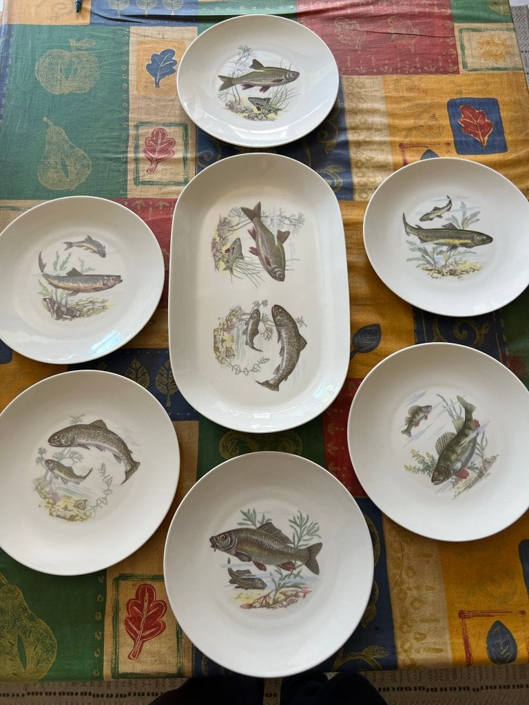 Vintage, KAHLA, vis Bord set, Serveerbord, schotel, 6 lunchb, Ophalen of Verzenden