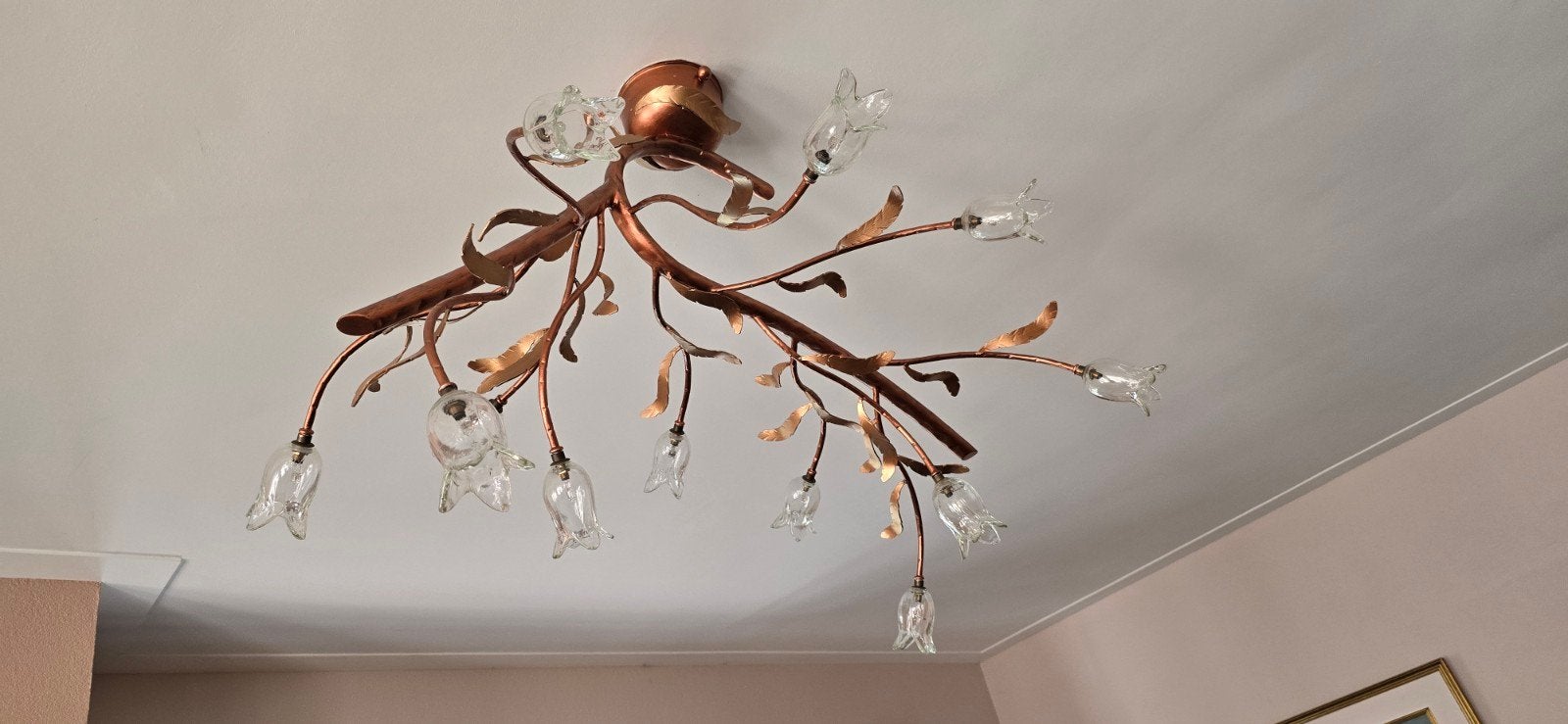 Unieke plafondlamp met bloemmotief en glazen kelken, Ophalen, Overige fittingen, Zo goed als nieuw, Glas