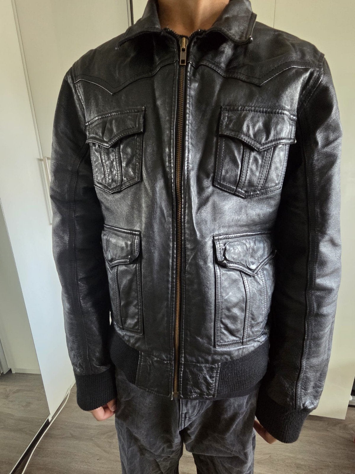 Vintage Leren Jas - 100% Leer - 20 Jaar Oud, Kleding | Heren, Zwart, H&M Divided, Gedragen, Verzenden