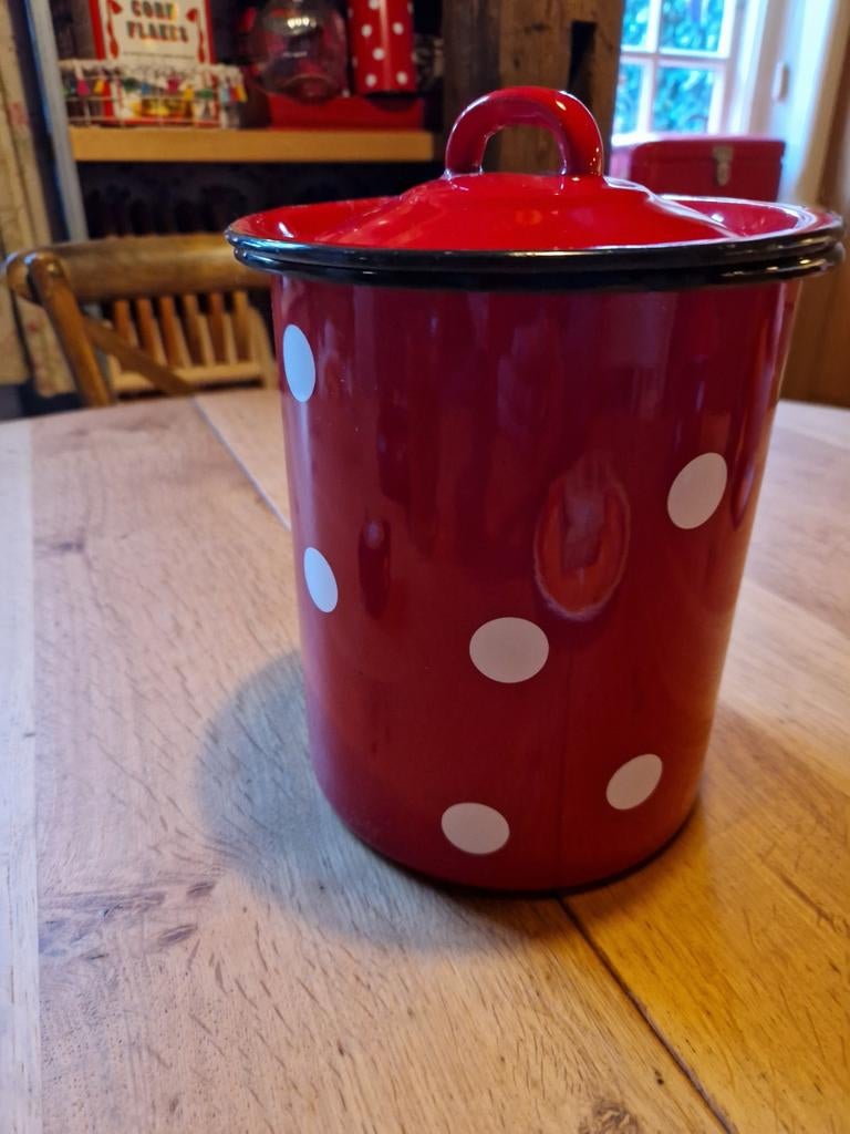 ROOD MET WITTE STIPPEN POLKADOT 🍄 EMAILLE VOORRRAADPOT, Ophalen of Verzenden