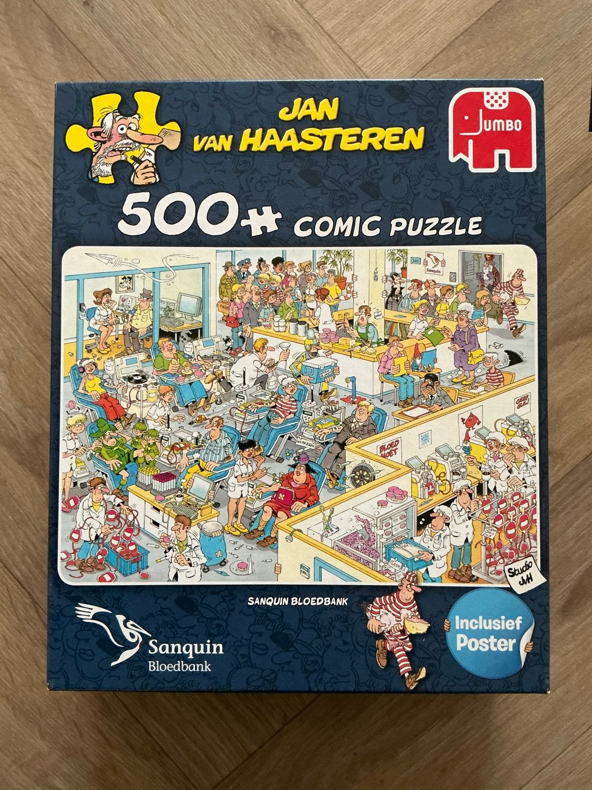 Jan van Haasteren puzzel Sanquin Bloedbank 500 stukjes, Ophalen of Verzenden, 500 t/m 1500 stukjes, Zo goed als nieuw, Legpuzzel