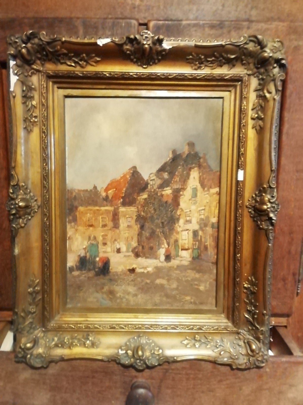 Olieverfschilderij Stadsgezicht Gesigneerd aris knikker, Ophalen of Verzenden