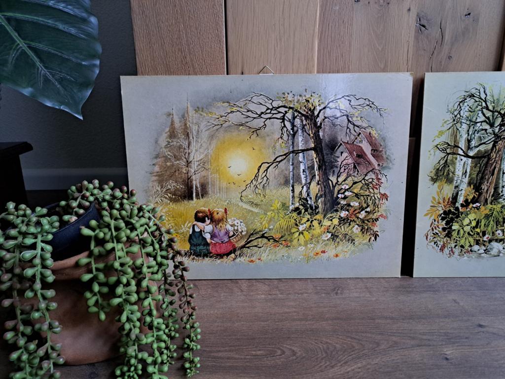 Vintage kinderprenten nostalgisch idyllisch landschap kids, Ophalen of Verzenden, Gebruikt, Minder dan 50 cm