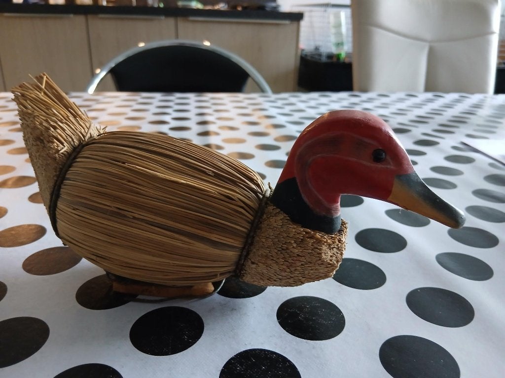 Leuke eend van hout en riet 25 x 13 cm, Gebruikt, Meerkleurig, Ophalen of Verzenden, Landelijk
