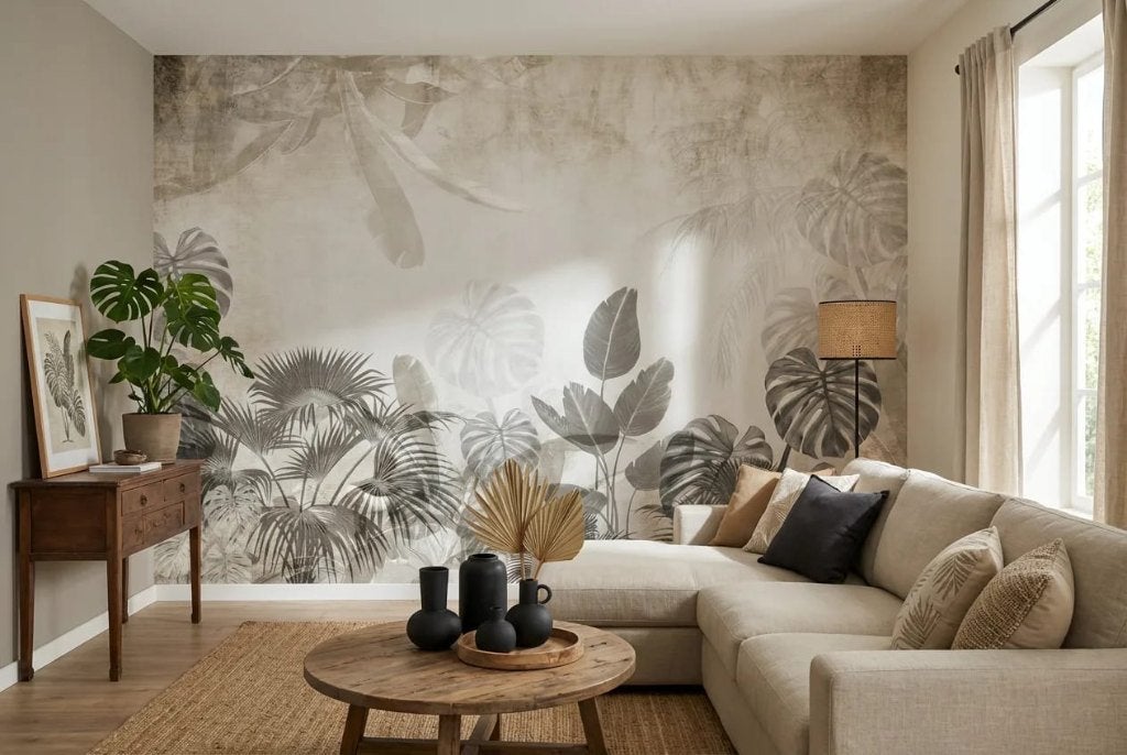 Botanisch behang – zachte bladsilhouetten in warm grijs, Bladeren, Natuurlijk, Overige merken, Beige