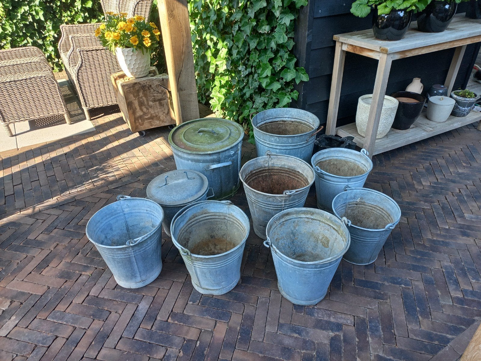 Zinken emmers te koop, Tuin en Terras, Bloembakken en Plantenbakken, Ophalen, Rond, Metaal, Minder dan 30 cm