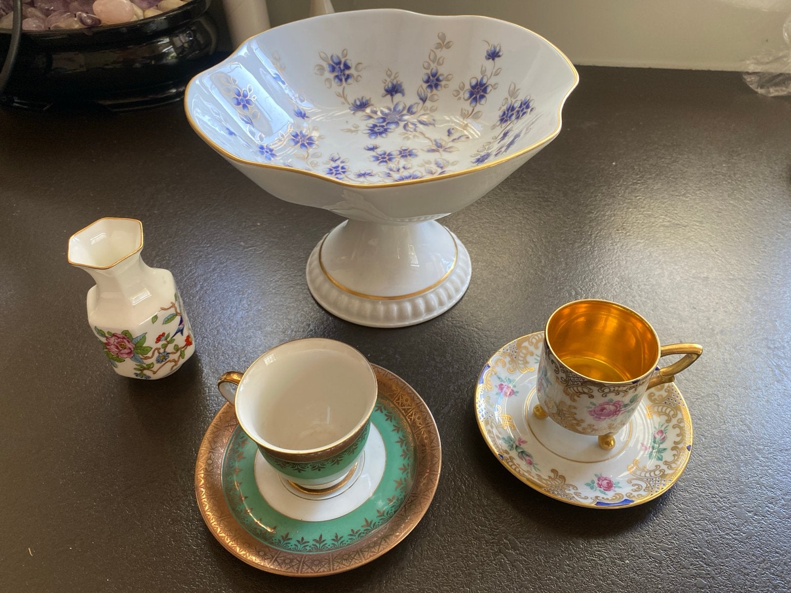 Vintage porseleinen set: schaal, vaasje en kopjes, Ophalen of Verzenden