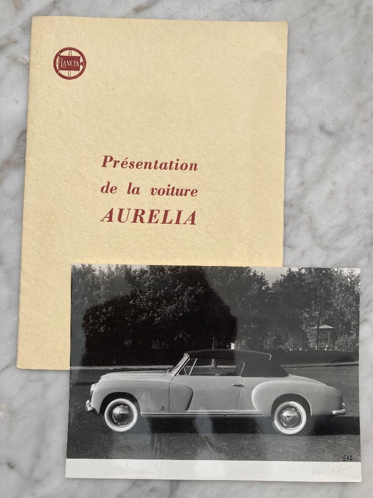 1950 Lancia Aurelia brochure folder met pinin farina foto, Ophalen, Zo goed als nieuw, Overige merken