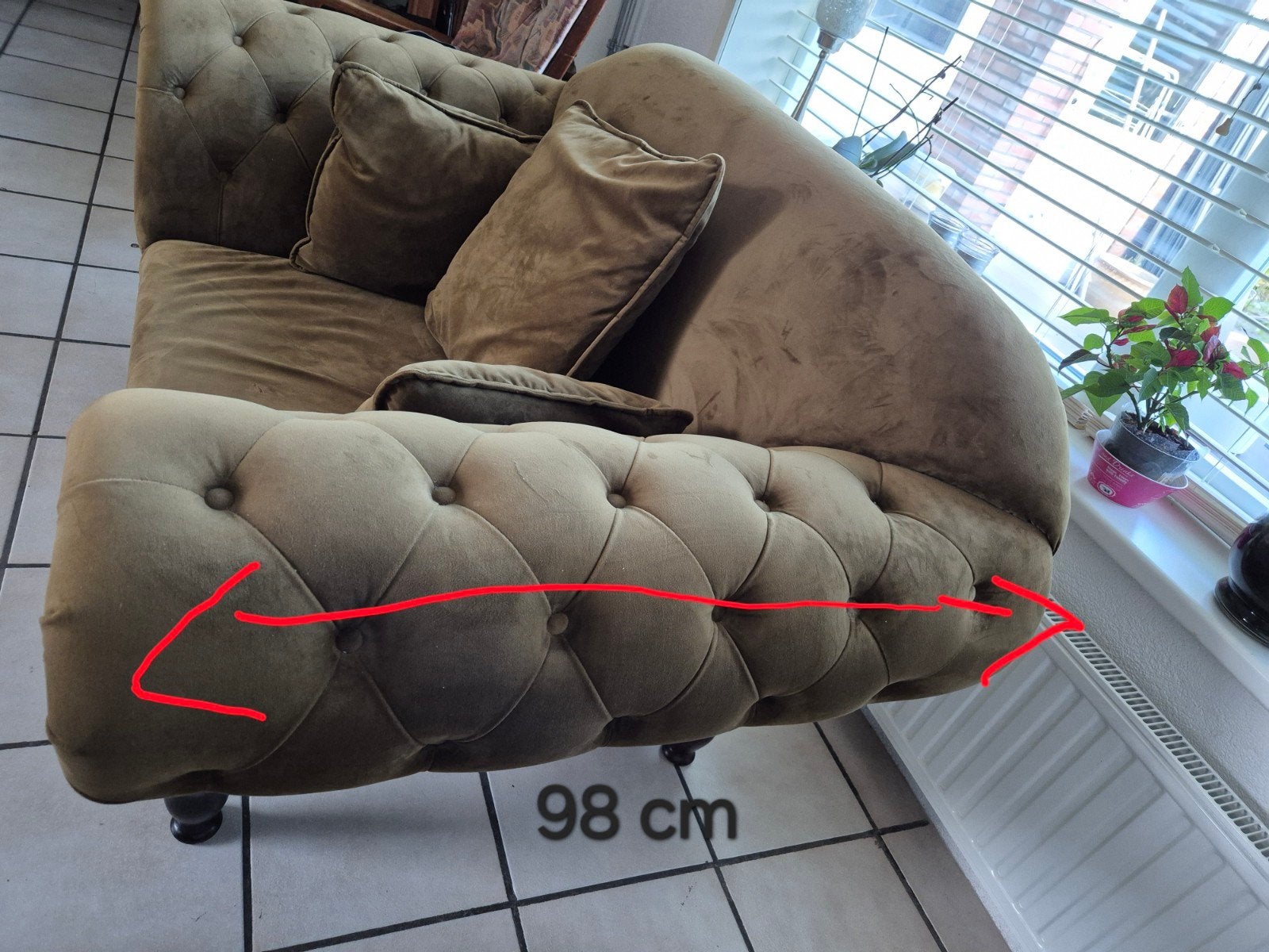 Comfortabele fluwelen chaise longue/love seat, olijfgroen, Gebruikt, Eenpersoons, 75 tot 100 cm, Ophalen of Verzenden