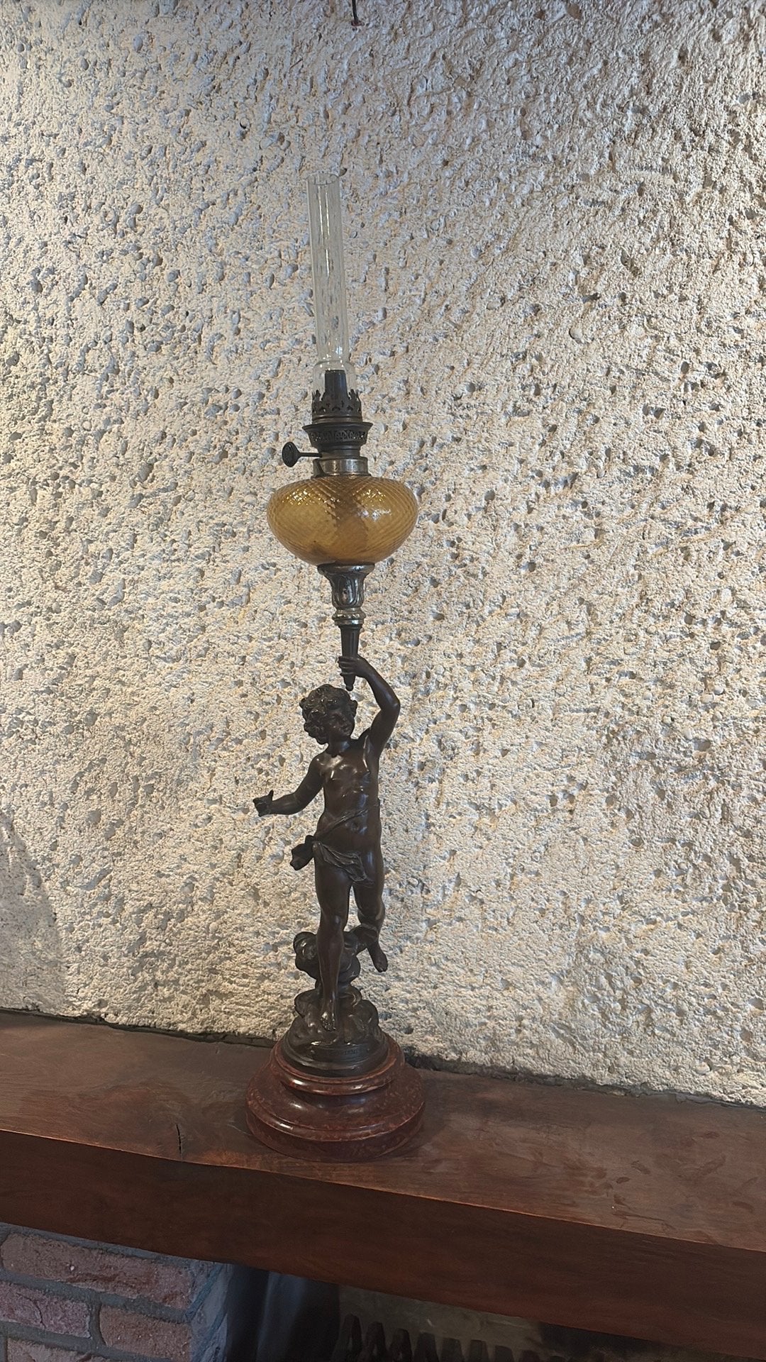 Antieke Franse Olielamp "Le Printemps" – Aug. Moreau, Antiek en Kunst, Ophalen