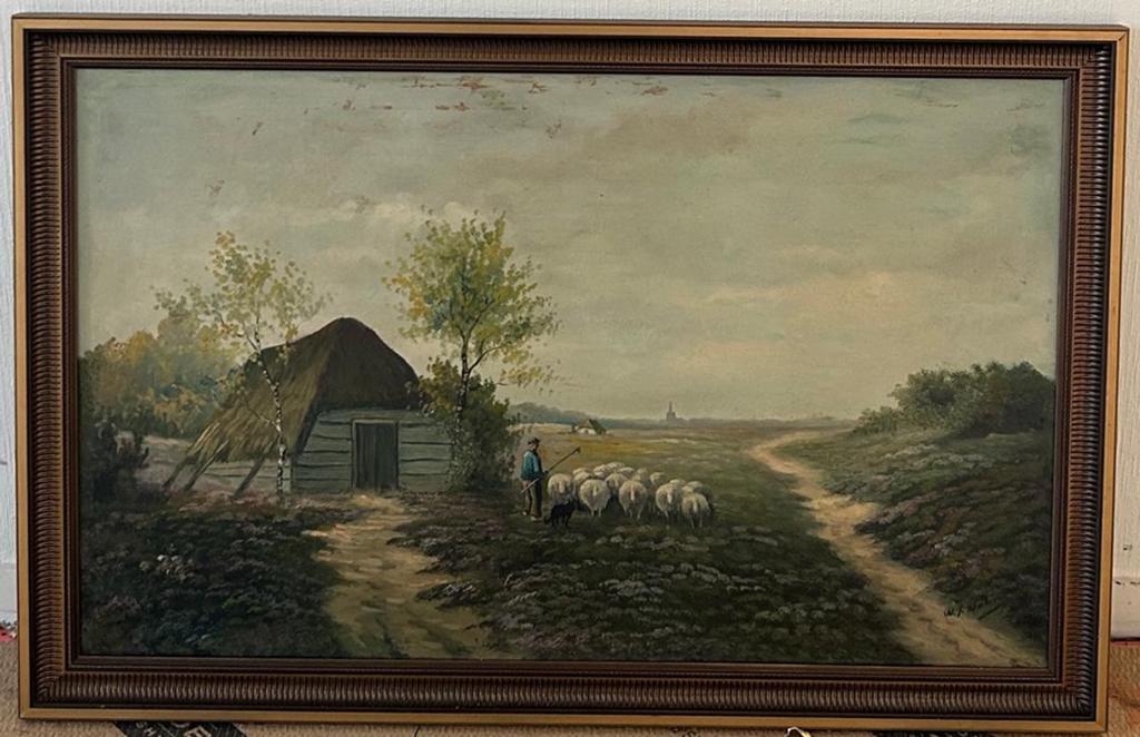 Schilderij met schaapsherder op de heide, Antiek en Kunst, Kunst | Schilderijen | Klassiek, Ophalen