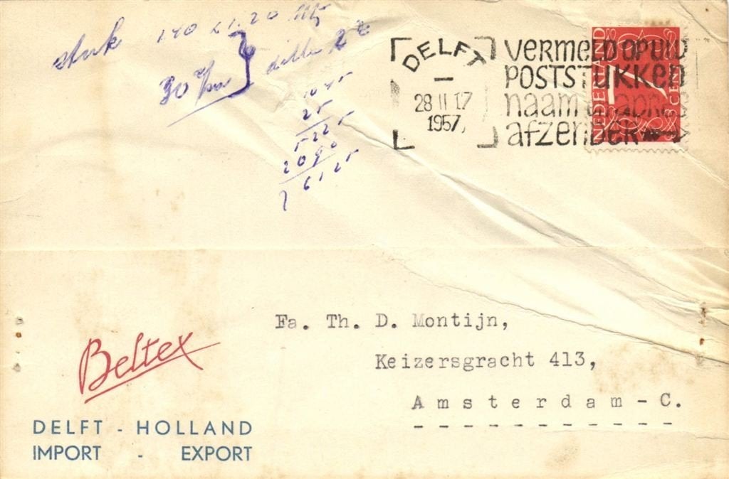 Beltex, Import Export, Delft - 02.1957 - briefkaart, Ophalen of Verzenden, Briefkaart