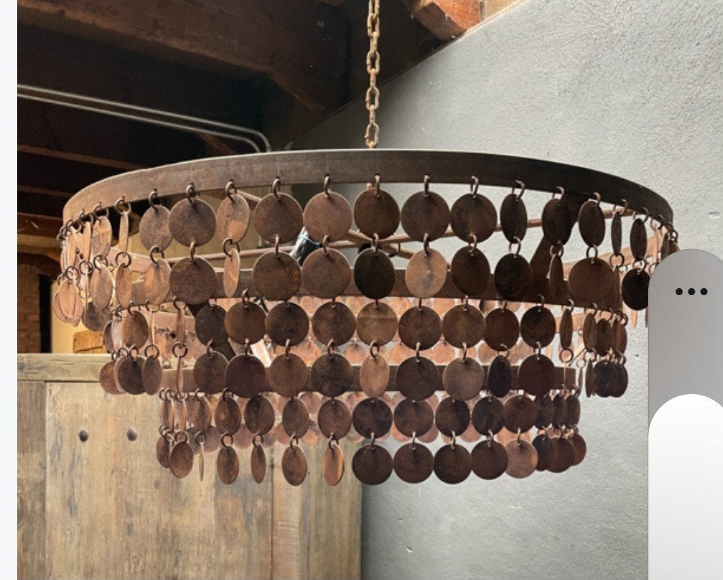 gezocht roest schijfjeslamp 70cm, Gebruikt, Rustiek, Industrieel, Metaal, E27 (groot)