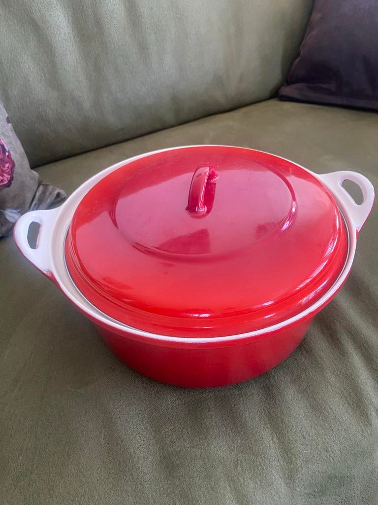 Rode zware pan met deksel - 28 cm doorsnede, Ophalen of Verzenden, Gebruikt, Gietijzer, Kookpan of Snelkookpan