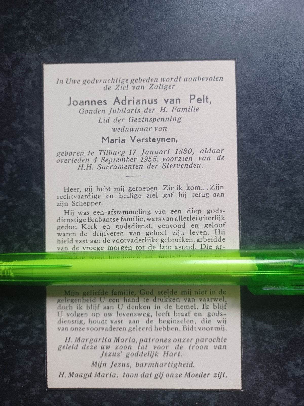 Bidprentje Tilburg Joannes A v Pelt 1880 1955, Ophalen of Verzenden, Bidprentje