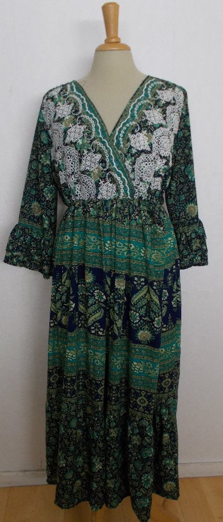 70% silk groene print maxi jurk made in India! L, Verzenden, Maat 42/44 (L), Zo goed als nieuw, Onder de knie