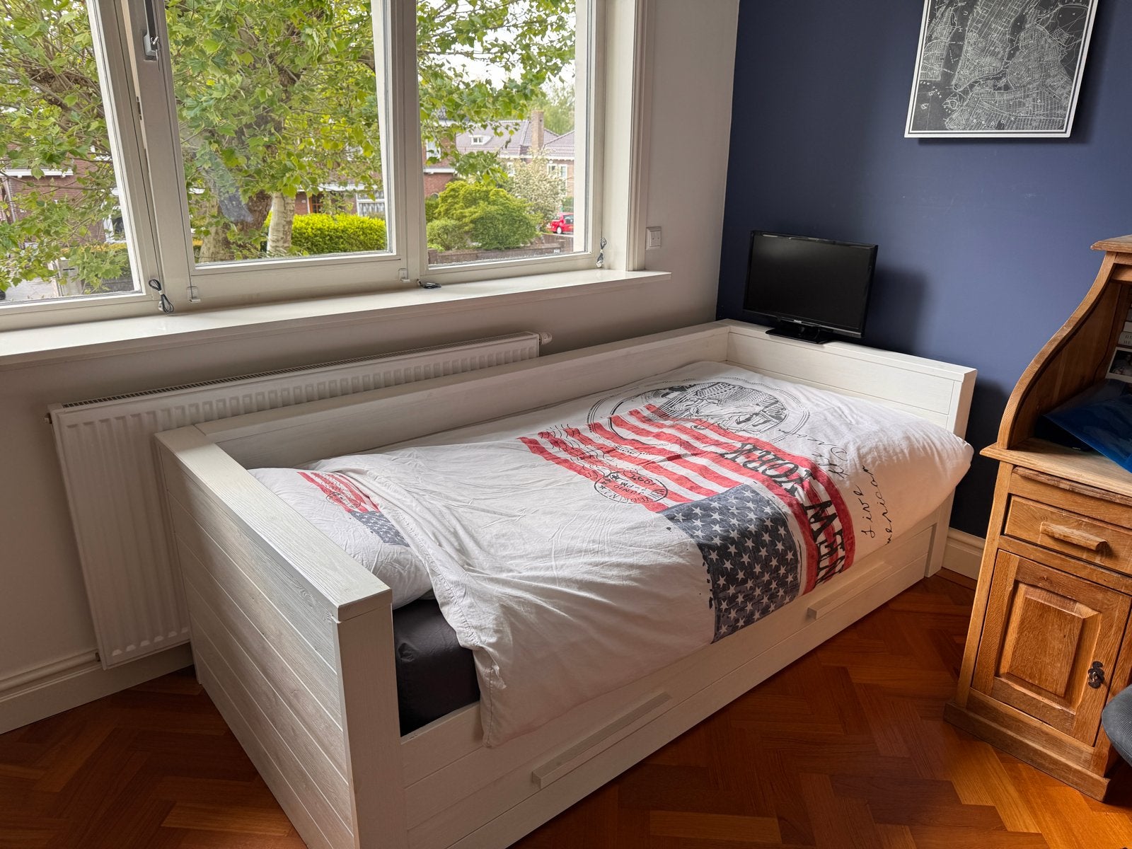 Woood kajuitbed met lade, Auping bedbodem en matras, Huis en Inrichting, Slaapkamer | Bedden, Ophalen, 90 cm, Eenpersoons, Wit