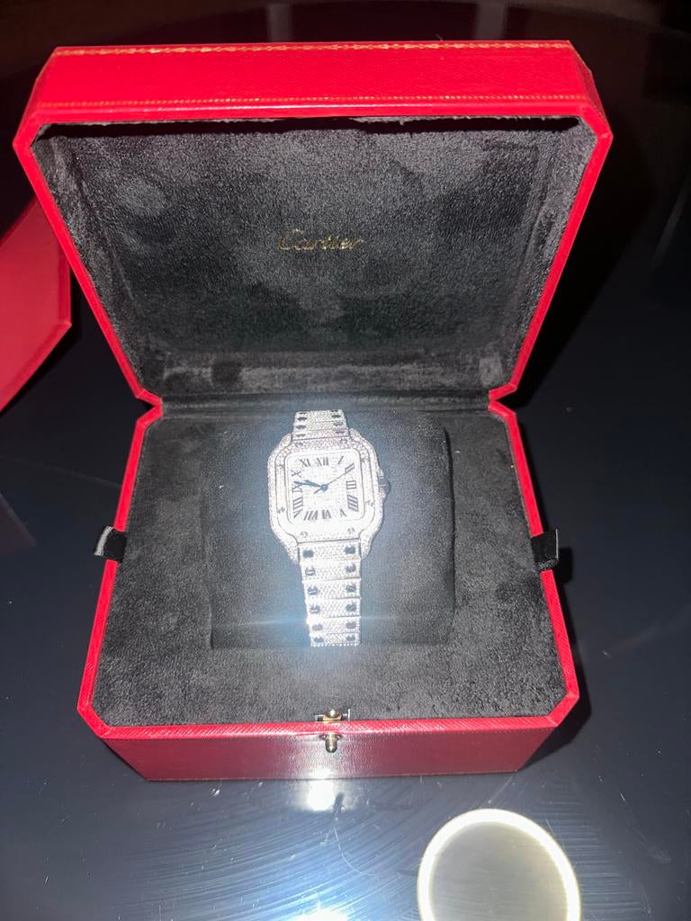 Cartier Santos Iced Out Bustdown, Sieraden, Tassen en Uiterlijk, Horloges | Heren, Overige merken, Staal, Staal, Polshorloge