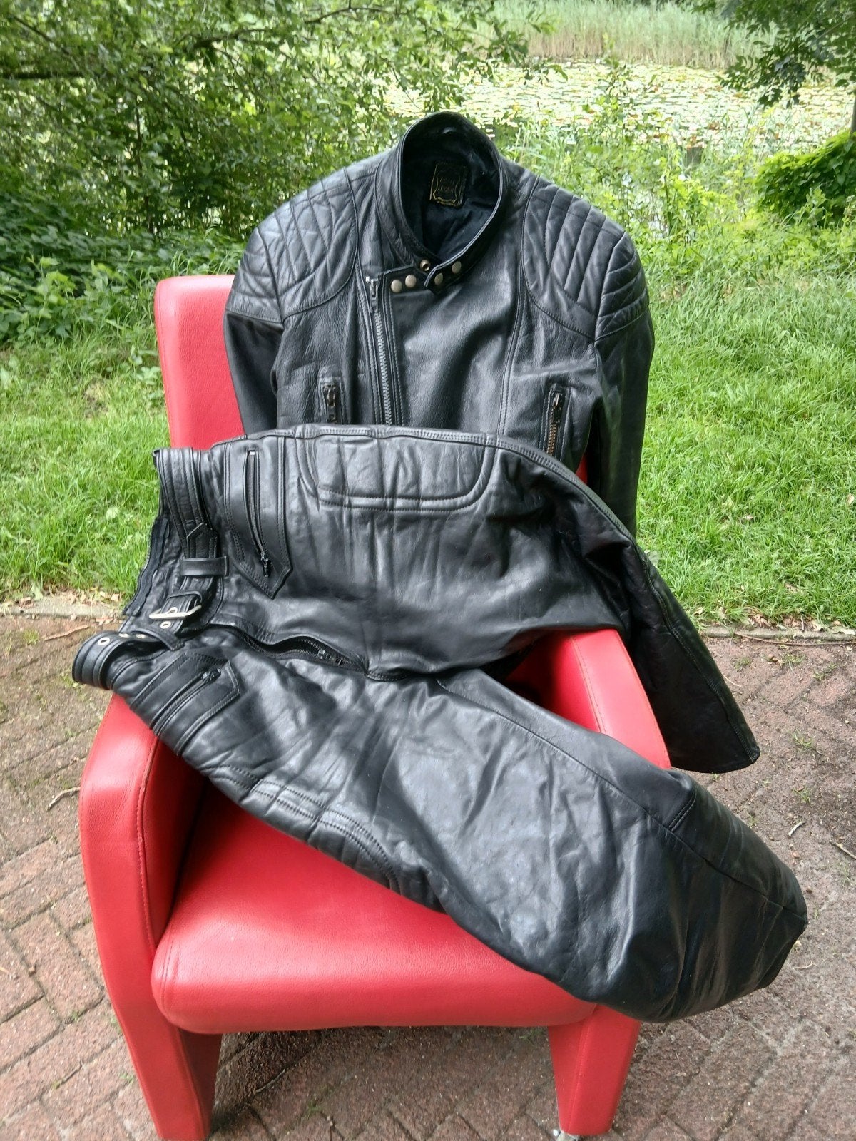 Vintage leren motorpak. valt als broek M jack L  t.e.a.b, Ophalen of Verzenden, Tweedehands, Combipak