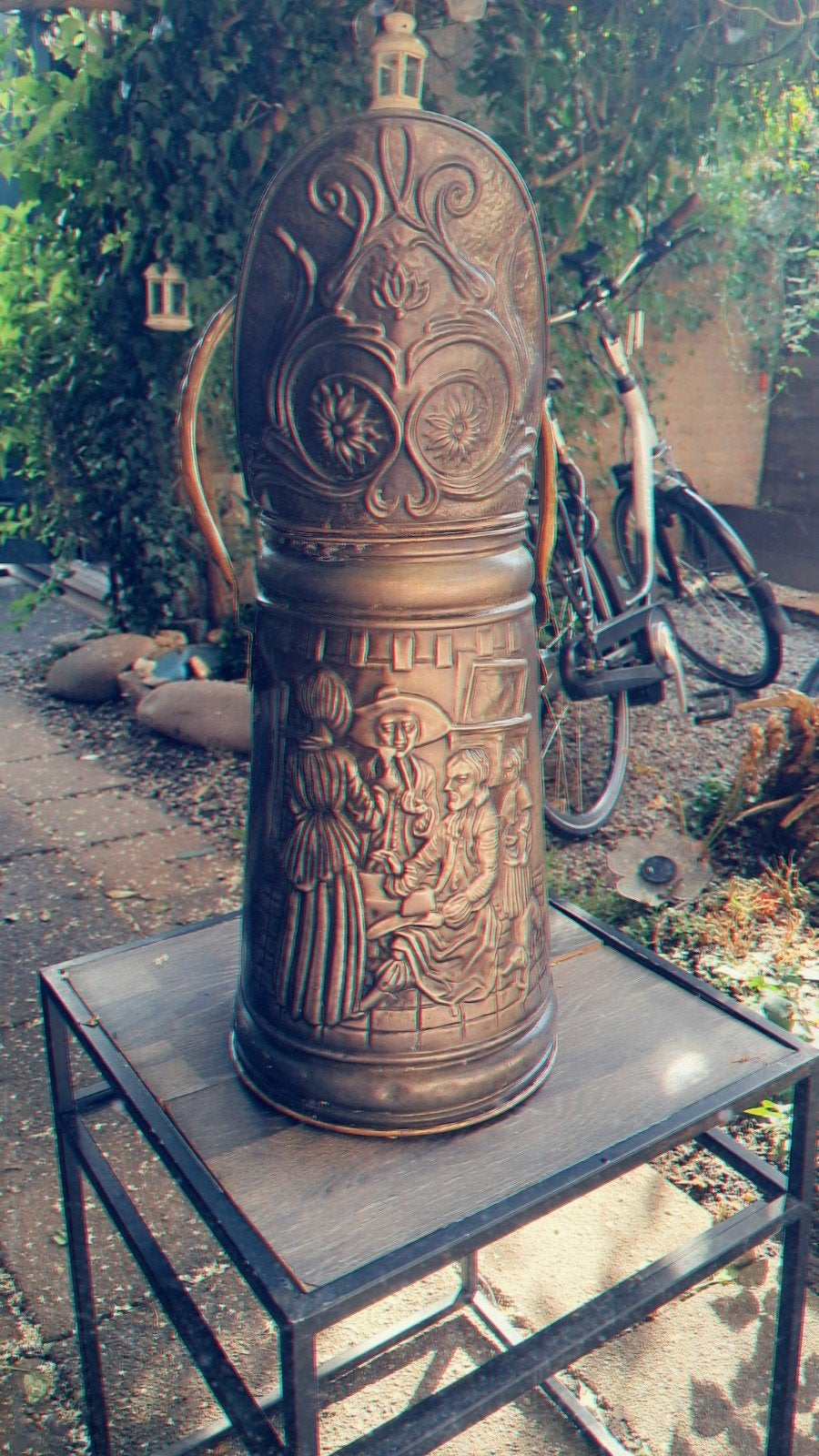 Antieke Koperen Kolenemmer met prachtige reliëfdecoratie, Ophalen of Verzenden, Koper