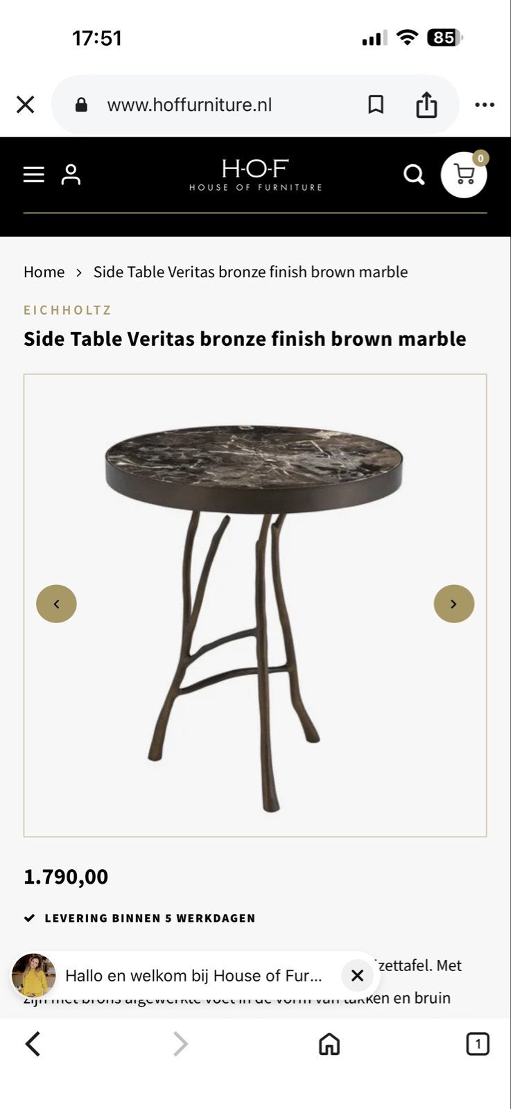 Eichholtz Veritas bijzettafel met bruin marmeren blad, Huis en Inrichting, Tafels | Bijzettafels, 45 tot 60 cm, Minder dan 55 cm