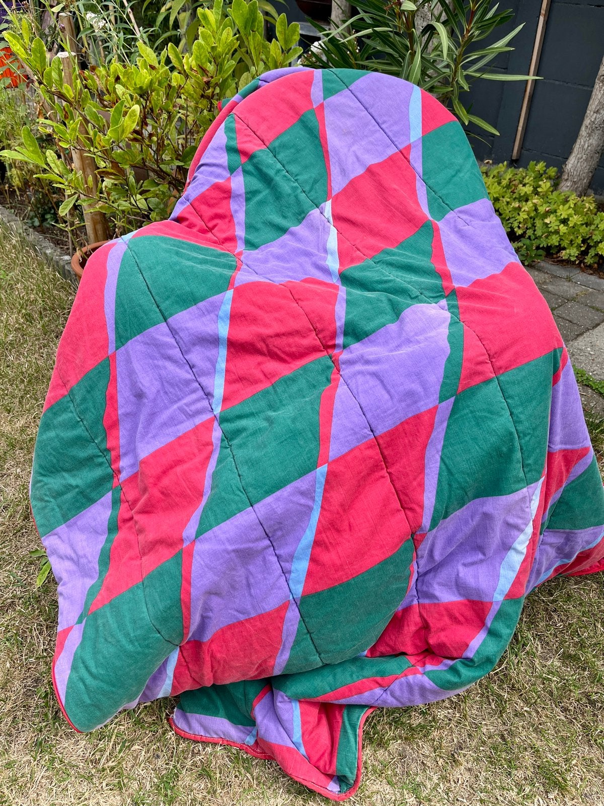 Vintage Polydaun slaapzak met ruiten paars, groen, Caravans en Kamperen, Ophalen of Verzenden, Gebruikt