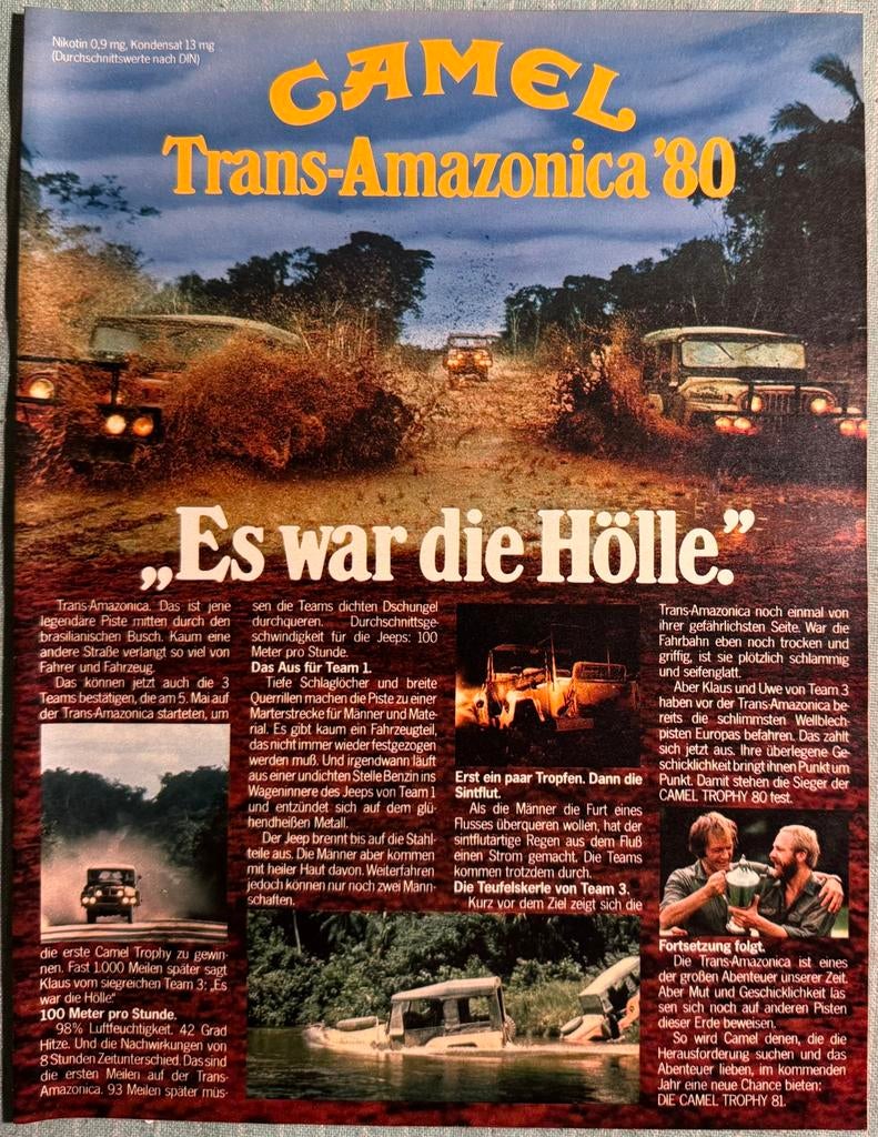 Advertentie Camel Trophy 1980 met Jeep én Landrover defender, Verzenden, Zo goed als nieuw, Auto's