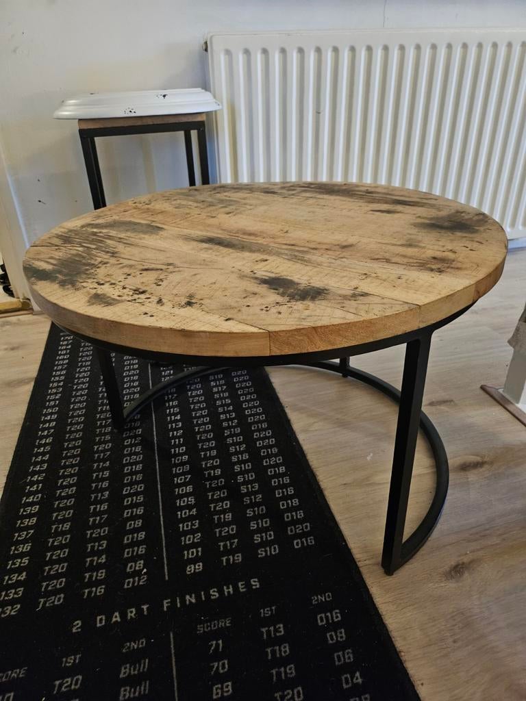 Ronde salontafel met houten blad en metalen onderstel, Huis en Inrichting, Tafels | Salontafels, Ophalen
