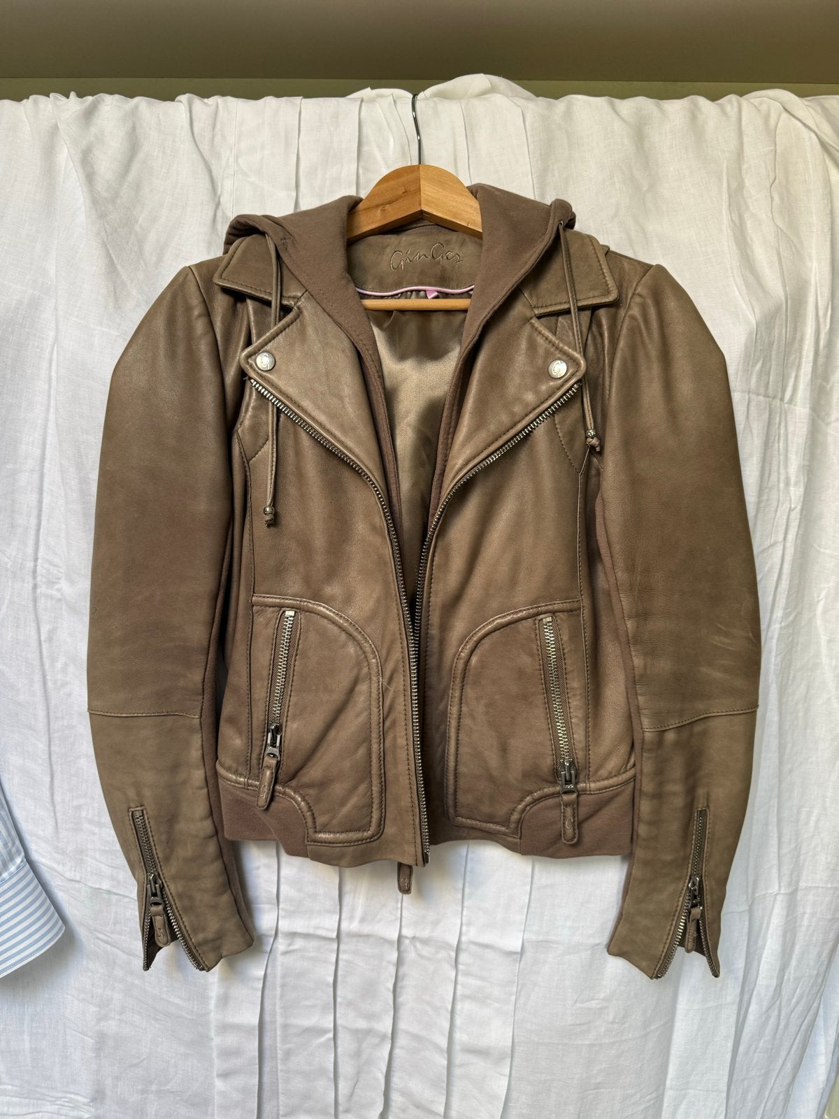 Ginger Leren Bikerjack met Capuchon - Maat M, Ophalen of Verzenden, Gedragen, Maat 38/40 (M), Bruin