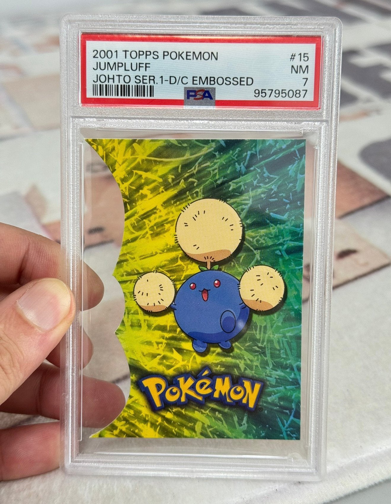 2001 Topps Pokemon Johto series 1 Jumpluff die-cut #15 PSA-7, Ophalen of Verzenden, Zo goed als nieuw, Losse kaart, Foil