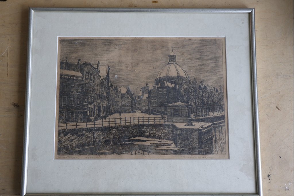 Zwart-wit ets stad met koepel, Ophalen of Verzenden