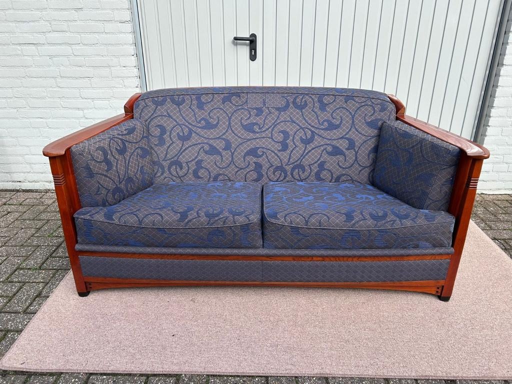 Tweezitsbank met houten frame en blauwe stof, Ophalen