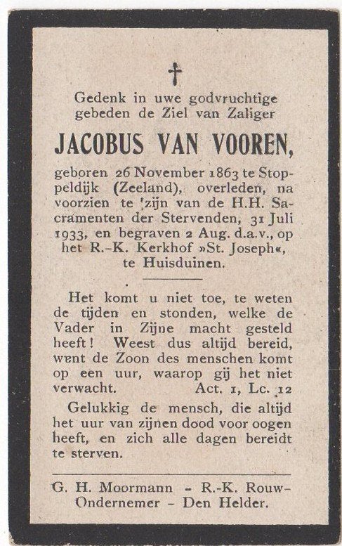 Jacobus van Vooren 1863 Stoppeldijk + 1933 Den Helder, 69 jr, Verzenden