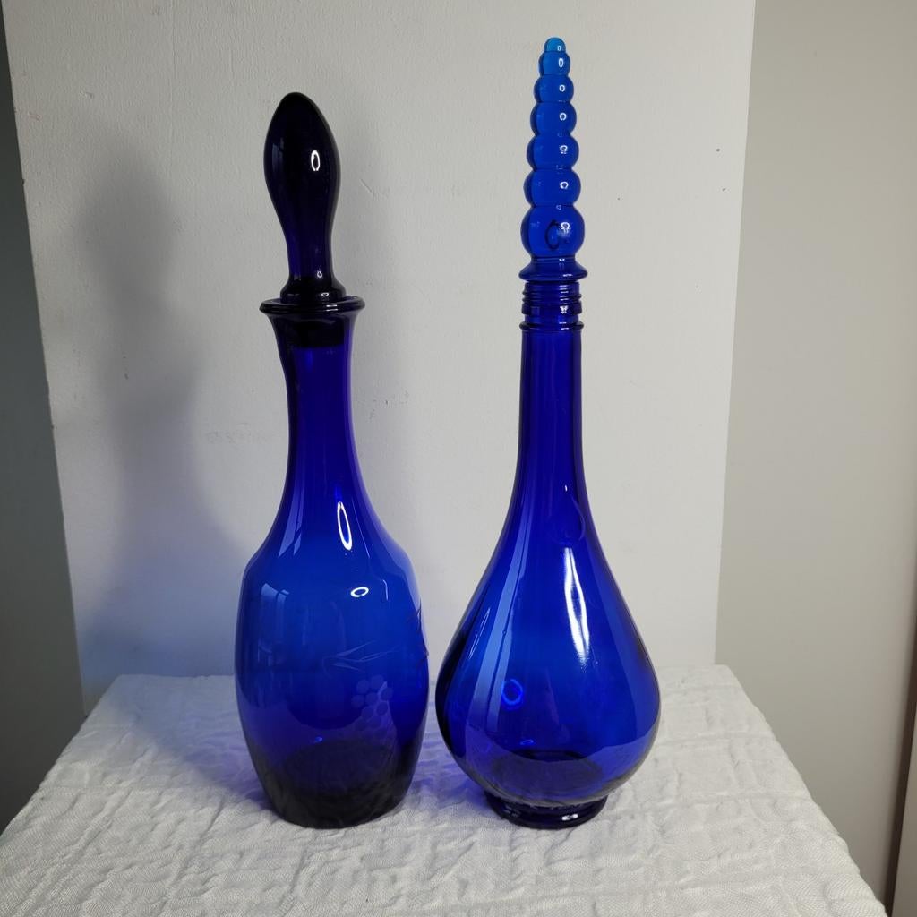 Blauwe glazen flessen x2 met dopjes 35 cm, Ophalen of Verzenden, Zo goed als nieuw, Overige merken, Glas