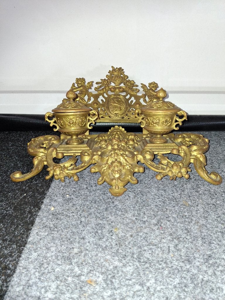 Antieke Franse dubbele inktstandaard met engeltjes ca. 1880, Ophalen