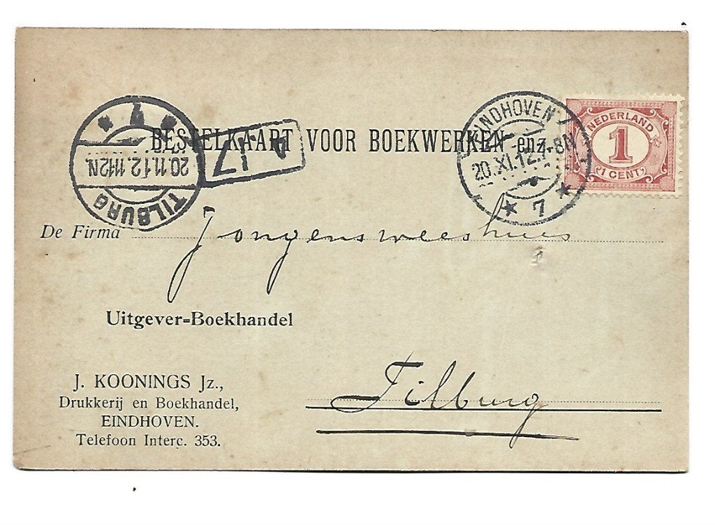 Eindhoven- J.Koonings Jz., Drukkerij en Boekhandel, Verzenden, Briefkaart