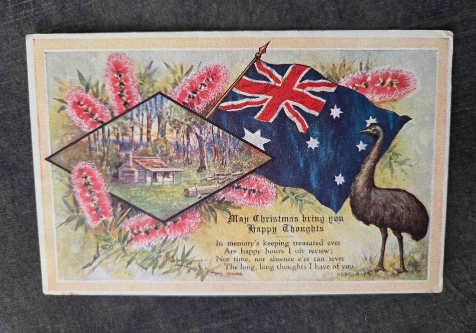 Antieke Australische Kerstkaart met Emoe en Vlag (1918), Verzenden, Voor 1920, Gelopen, Buiten Europa