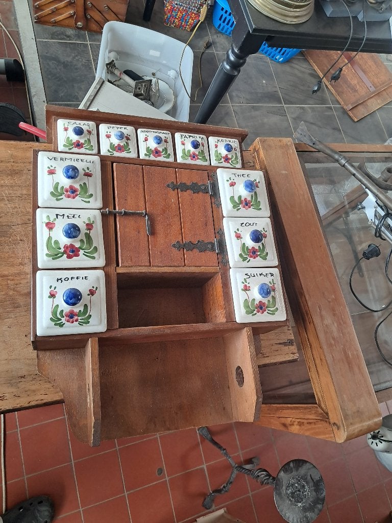 Vintage houten kruidenkastje keramiek lades  CS27345, Ophalen