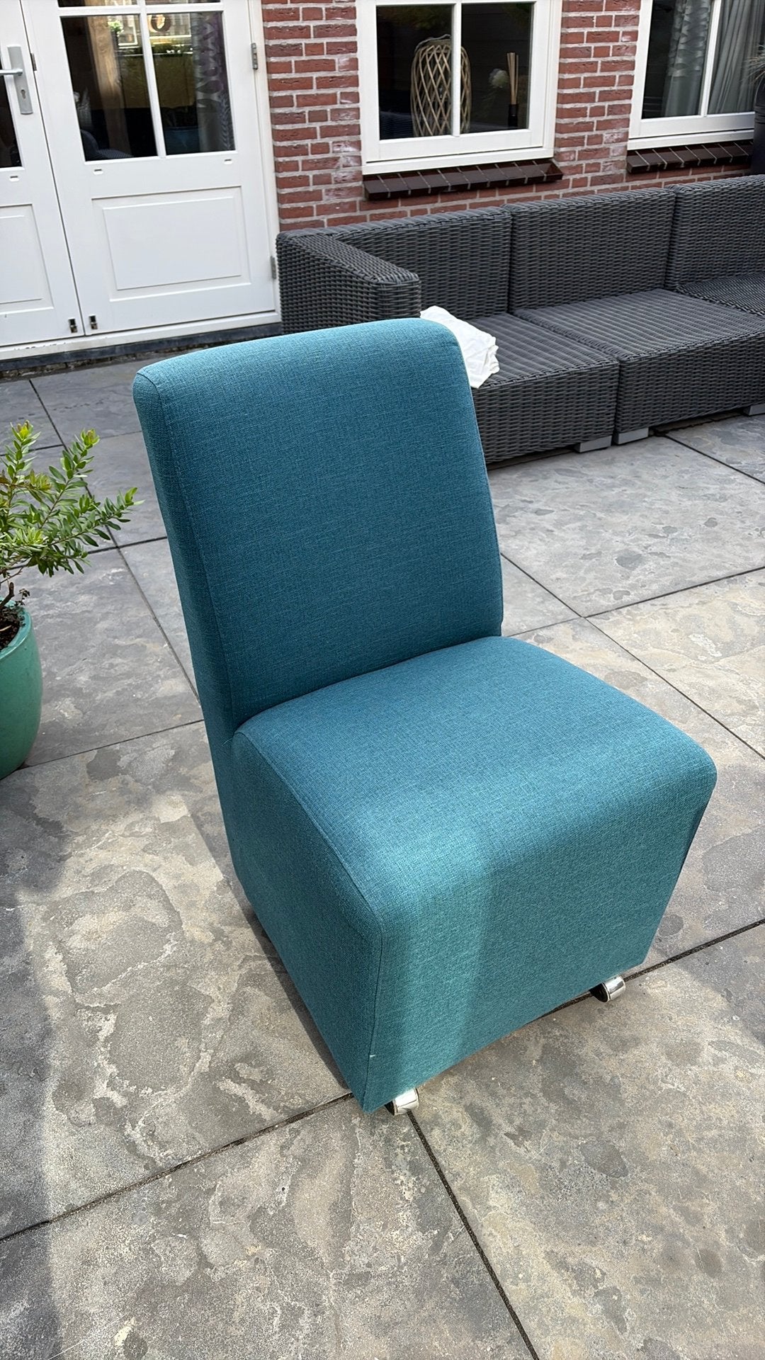 3 blauwe  patrol Eetkamer stoelen op wielen, Huis en Inrichting, Ophalen, Gebruikt, Minder dan 75 cm, Stof