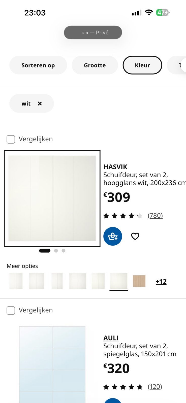 Pax Hasvik schuifdeuren wit hoogglans, Ophalen, Zo goed als nieuw, Minder dan 25 cm, 200 cm of meer