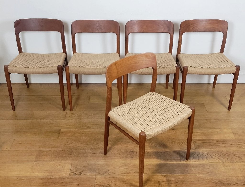 Set van 5 Niels O. Møller Model 75 eetkamerstoelen, Ophalen, Vintage design, Mid Centruy Modern, Deens design, Bruin, Hout